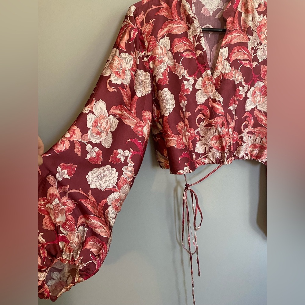 Zara Crop Wrap Front Tie Floral Blouse with Puffy Sleeves Size S - Picture 7 of 11